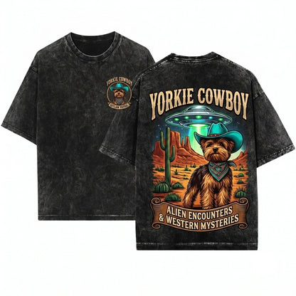 UFO Biewer Yorkie Cowboy Terrier Ranch Country Western Gift Dog Mom Dad Apparel Unisex Wash T-Shirt