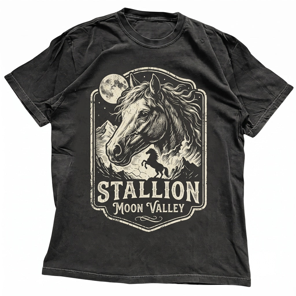 Vintage 90s Western Cowboy Wild Horse Howling Moonlight Rustic Country Graphic Unisex TShirt