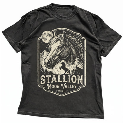 Vintage 90s Western Cowboy Wild Horse Howling Moonlight Rustic Country Graphic Unisex TShirt