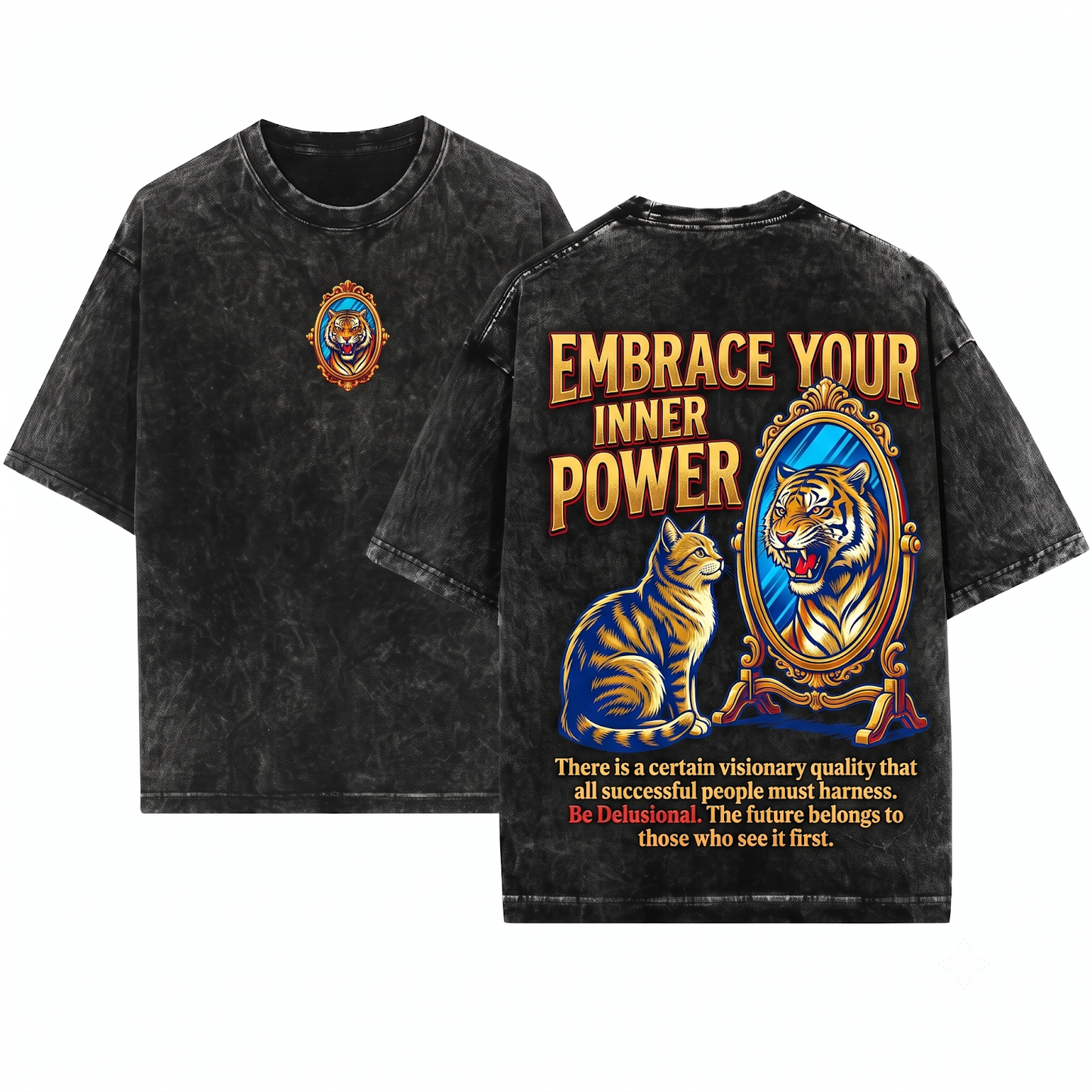 Motivational Cat Tiger Reflection Graphic Tee Funny Mirror Cat Lover Gift Self Love Humor Vintage Style Unisex Heavyweight Garment-Dyed T-Shirt