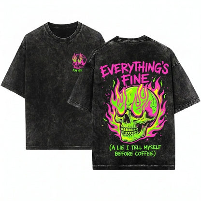 Everything Is Fine Retro Sarcastic Skeleton Neon Festival Rebel Graphic Unisex Wash T-Shirt