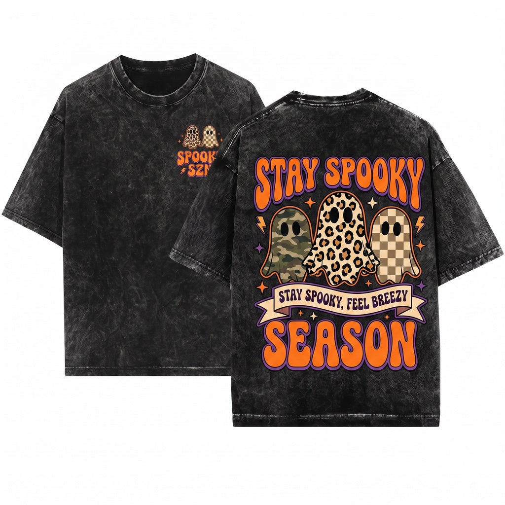 Spooky Season Creepy Ghost Vintage Halloween Unisex Wash T-Shirt