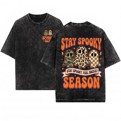 Spooky Season Creepy Ghost Vintage Halloween Unisex Wash T-Shirt
