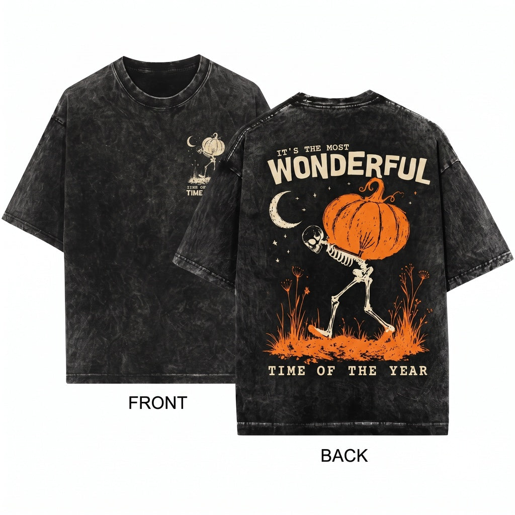 Funny Vintage Halloween Skeleton Pumpkin Most Wonderful Time Year Graphic Unisex Wash T-Shirt