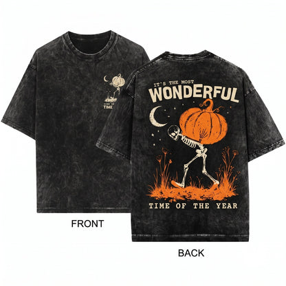 Funny Vintage Halloween Skeleton Pumpkin Most Wonderful Time Year Graphic Unisex Wash T-Shirt