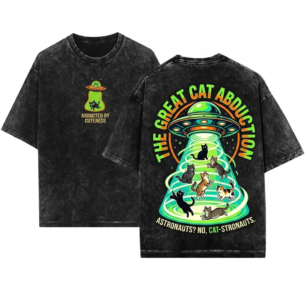 Alien Spaceship Cat Abduction Embroidered Oversized Vintage Unisex Wash T-Shirt