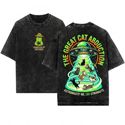 Alien Spaceship Cat Abduction Embroidered Oversized Vintage Unisex Wash T-Shirt
