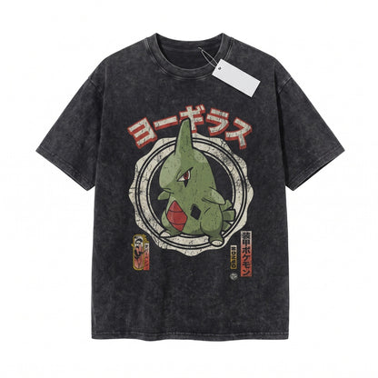 Vintage Tyranitar Washed Larvitar Evolution Graphic 2-Sided Anime Oversized Retro Gamer Streetwear Unisex TShirt