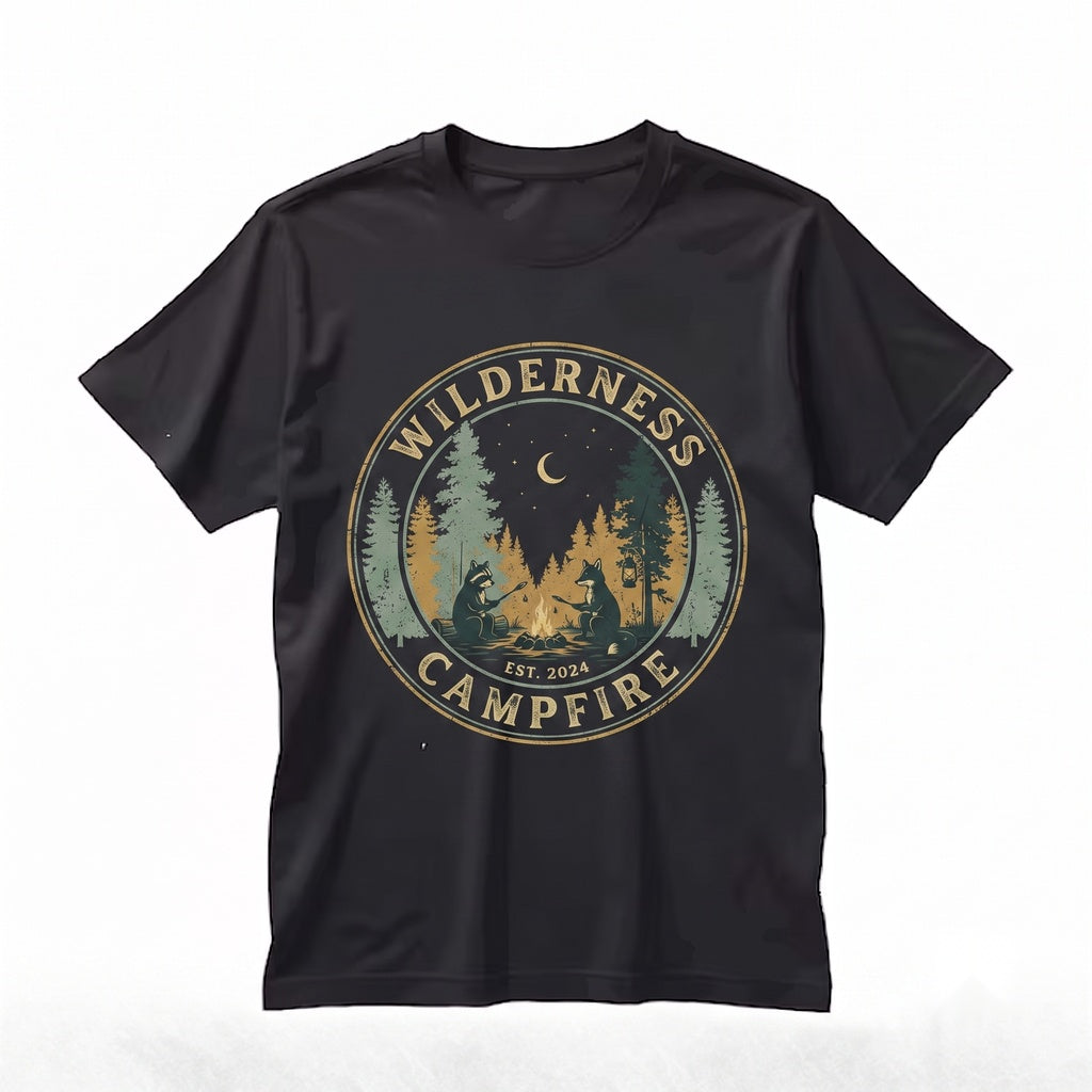 Retro Camping Raccoon Graphic Forest Campfire Wildlife Cozy Outdoor Adventure Nature Gift Unisex TShirt