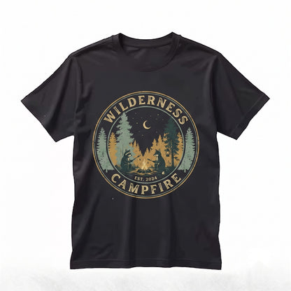 Retro Camping Raccoon Graphic Forest Campfire Wildlife Cozy Outdoor Adventure Nature Gift Unisex TShirt