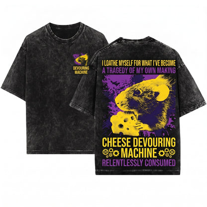 Funny Cheese Devouring Machine Rat Hungry Rodent Snack Lover Vintage Graphic Unisex Wash T-Shirt