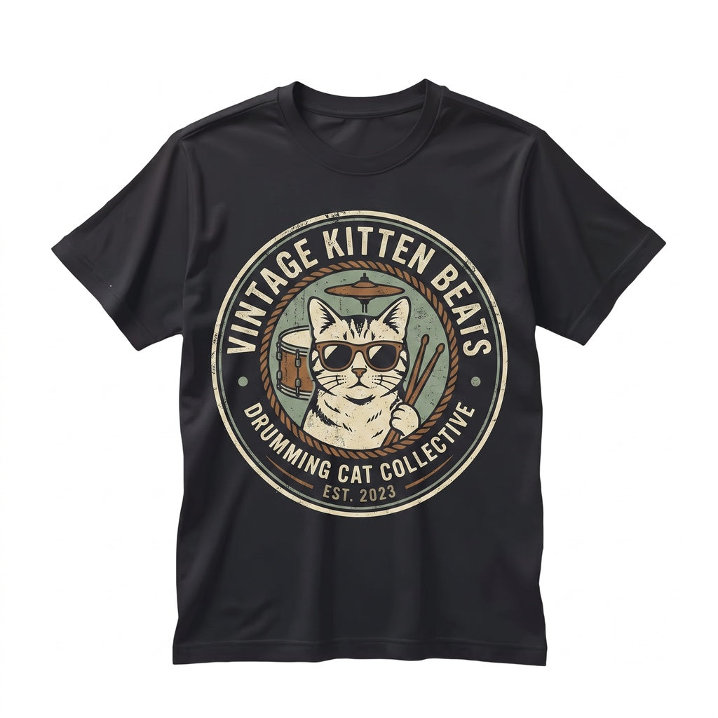 Vintage Drummer Cat Graphic Top, Funny Feline Playing Rock Band Percussion Drums Music Lover Apparel Unisex TShirt
