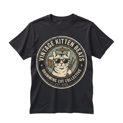 Vintage Drummer Cat Graphic Top, Funny Feline Playing Rock Band Percussion Drums Music Lover Apparel Unisex TShirt
