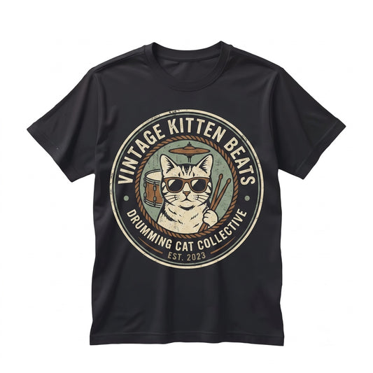 Vintage Drummer Cat Graphic Top, Funny Feline Playing Rock Band Percussion Drums Music Lover Apparel Unisex TShirt