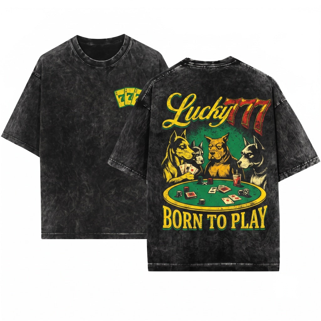 Lucky 777 Poker Dog Vintage Graphic Casino Gambler Unisex Wash T-Shirt