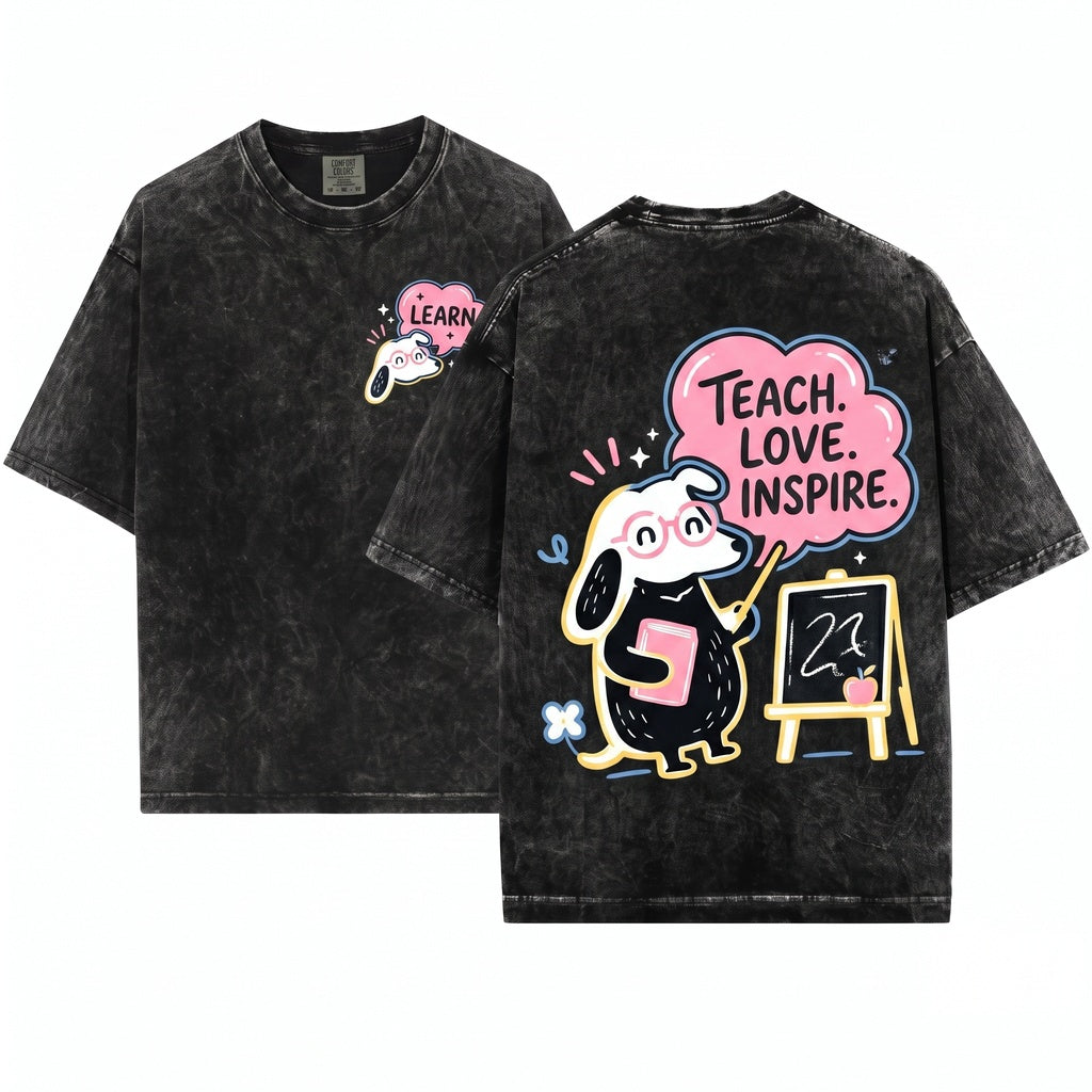 Whimsical Mouse Blackboard Graphic Teach Love Inspire Teacher Book Educator School Gift Unisex Wash T-Shirt
