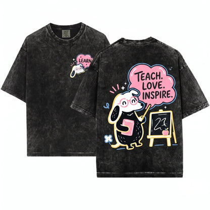 Whimsical Mouse Blackboard Graphic Teach Love Inspire Teacher Book Educator School Gift Unisex Wash T-Shirt