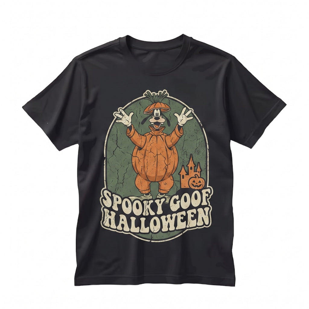 Spooky Theme Park Halloween Cartoon Mouse Dog Character Pumpkin Castle Bats Ghosts Party Graphic Unisex TShirt