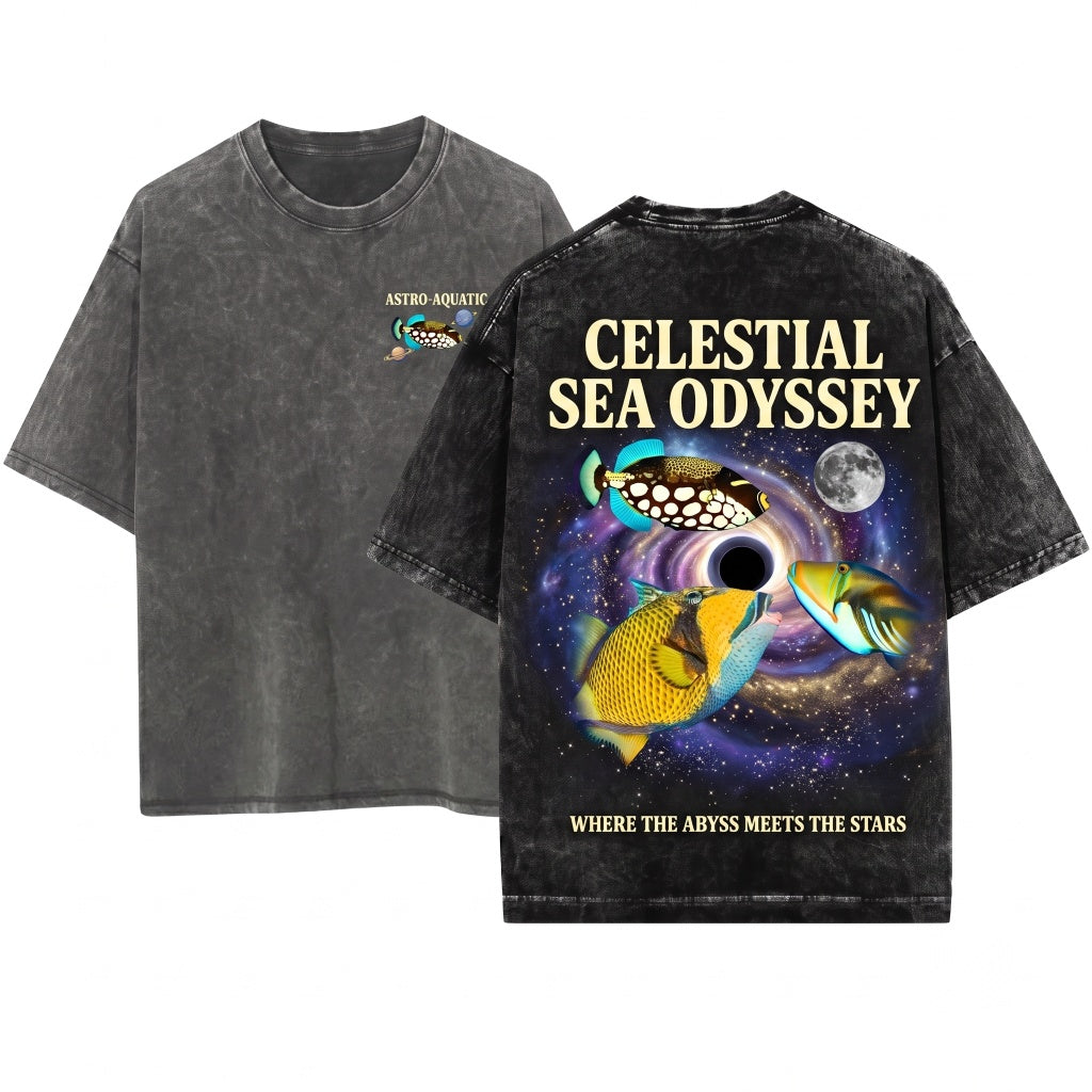 Three Retro Triggerfish Graphic Vintage Ocean Moon Oversized Funny Silly Gift Unisex Wash T-Shirt