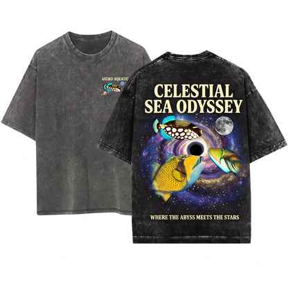 Three Retro Triggerfish Graphic Vintage Ocean Moon Oversized Funny Silly Gift Unisex Wash T-Shirt