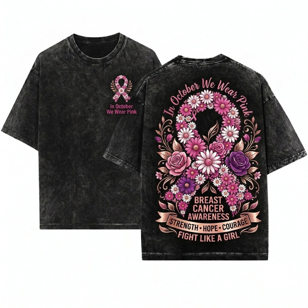 Daisy Floral Pink Breast Cancer Awareness Ribbon October Fight Preppy Unisex Wash T-Shirt