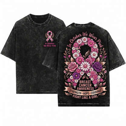 Daisy Floral Pink Breast Cancer Awareness Ribbon October Fight Preppy Unisex Wash T-Shirt