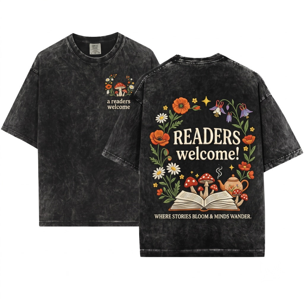 Readers Welcome Embroidered Teacher Librarian Gift 1717 English Educator Unisex Wash T-Shirt