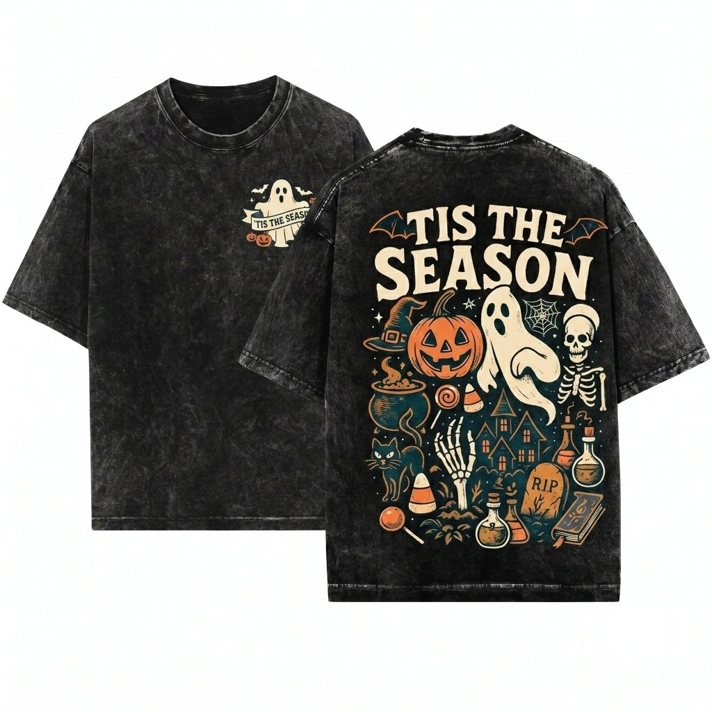 Tis The Season Vintage Halloween Skeleton Pumpkin Ghost Unisex Wash T-Shirt