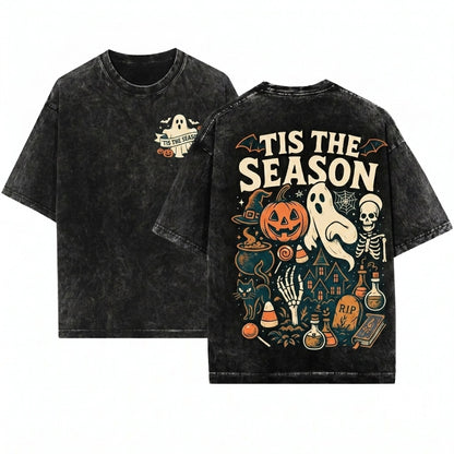 Tis The Season Vintage Halloween Skeleton Pumpkin Ghost Unisex Wash T-Shirt