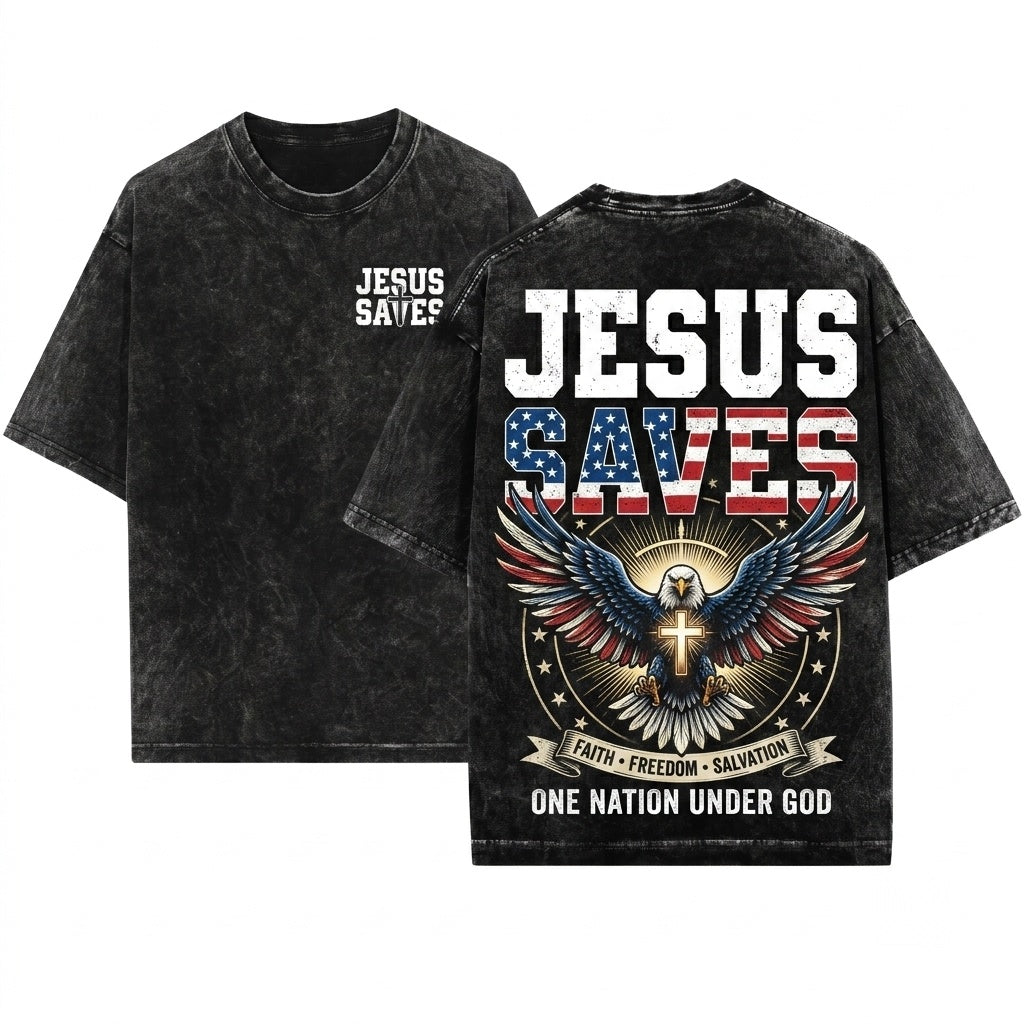 Jesus Saves Christian Patriotic USA Faith Based Graphic Fourth of July Religious Unisex Wash T-Shirt