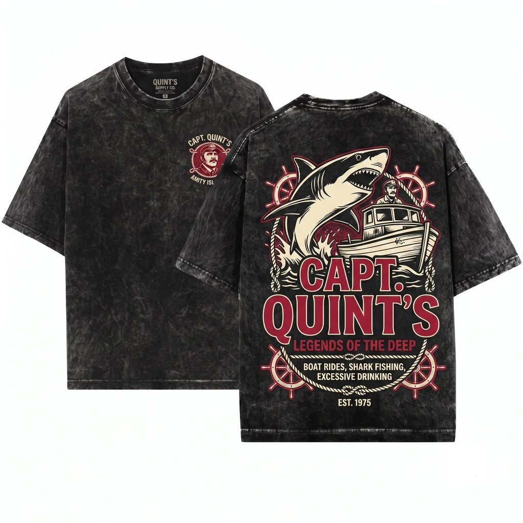 Captain Quint Amity Island Shark Hunter Vintage Movie Graphic Novelty Unisex Wash T-Shirt