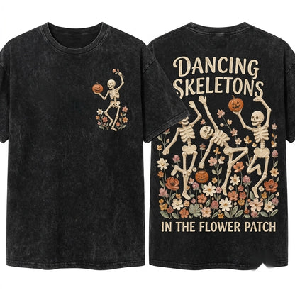 Vintage Hand-painted Floral Dancing Skeleton Halloween Pumpkin Wildflower Spooky Season Fall Graphic Unisex Wash T-Shirt