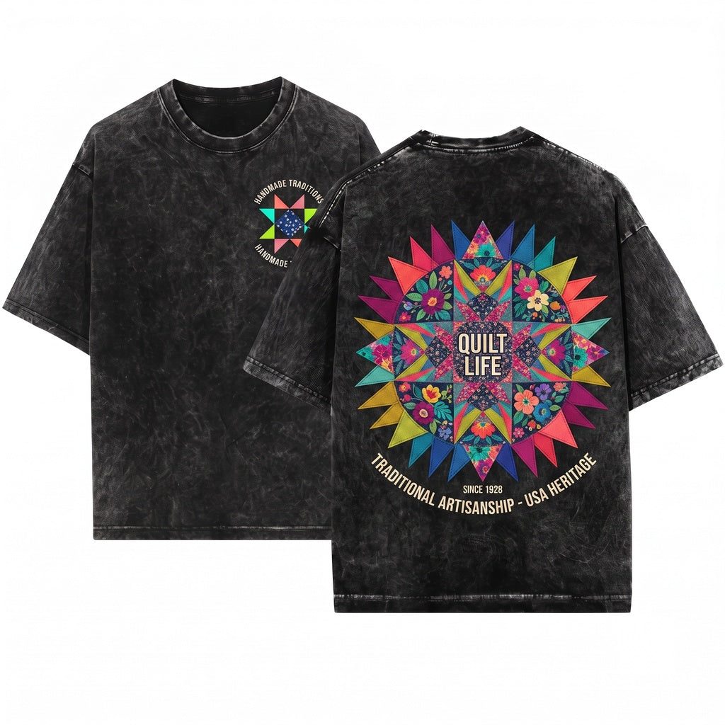 Quilt Block Star Graphic Vintage Apparel Unisex Wash T-Shirt
