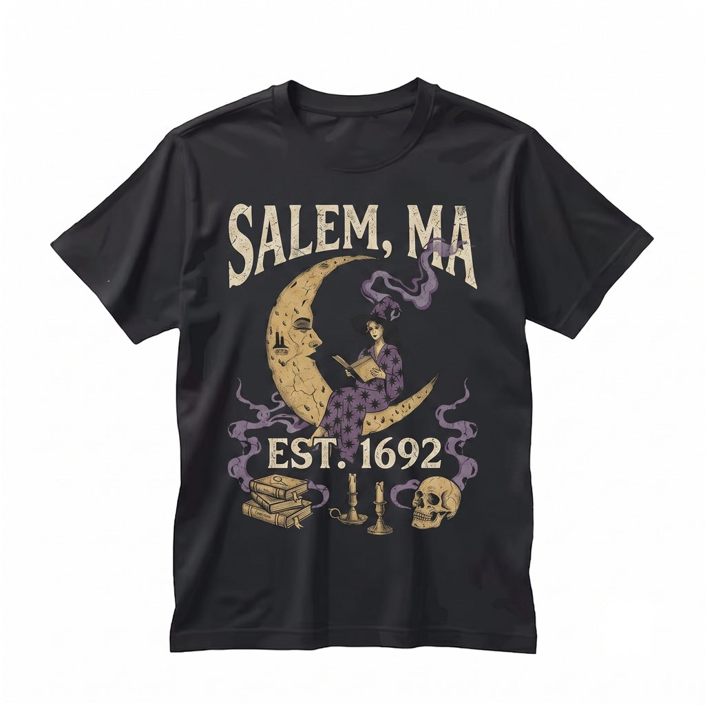Salem 1692 Witch Reading Moon Celestial Gothic Halloween Apparel Unisex TShirt