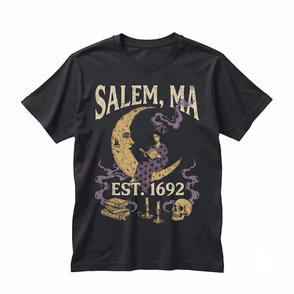 Salem 1692 Witch Reading Moon Celestial Gothic Halloween Apparel Unisex TShirt