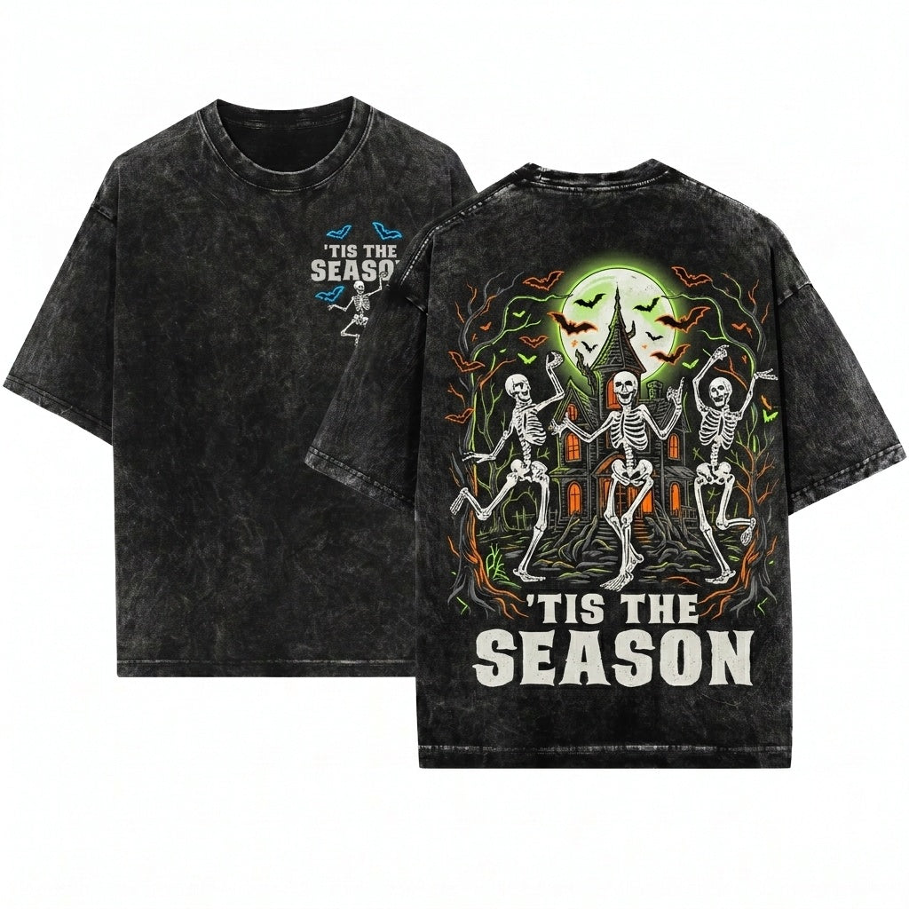 Dancing Skeleton Spooky Season Retro Haunted House Apparel Unisex Wash T-Shirt