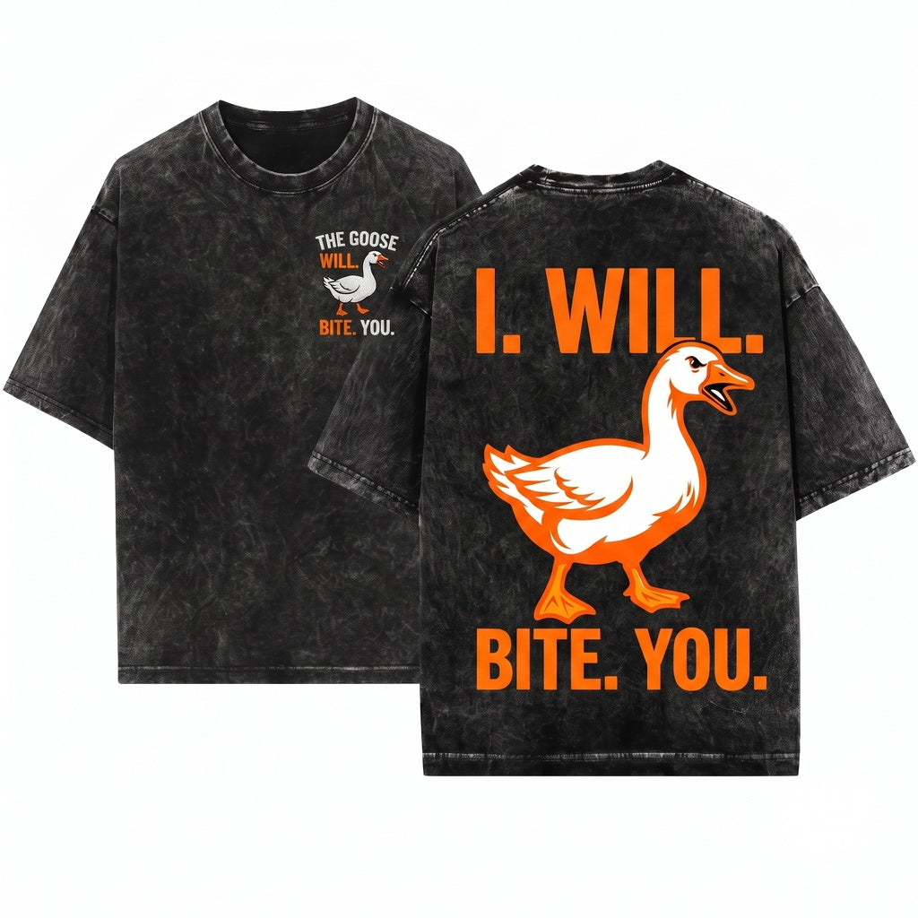 I Will Bite You Cute Angry Goose Embroidered Funny Lover Gift Unisex Wash T-Shirt