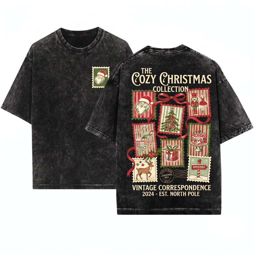 Retro Coquette Santa Stamps Bow Cute Holiday Christmas Womens Apparel Unisex Wash T-Shirt