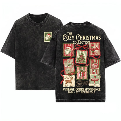 Retro Coquette Santa Stamps Bow Cute Holiday Christmas Womens Apparel Unisex Wash T-Shirt