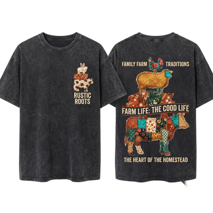 Western Country Faux Patchwork Cow Hen Pig Lamp Farm Animals Unisex Wash T-Shirt