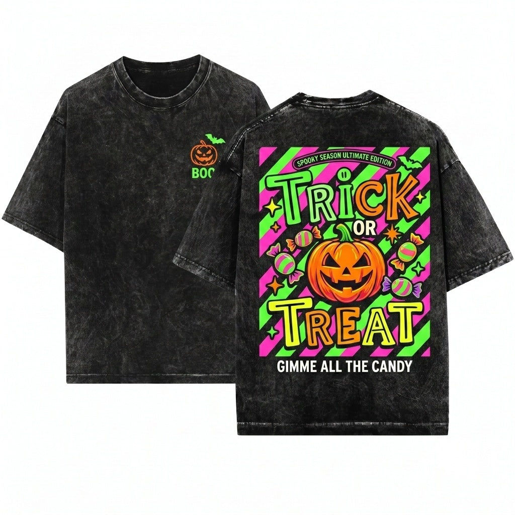 Retro Preppy Spooky Season Pumpkin Trick or Treat Halloween Unisex Wash T-Shirt