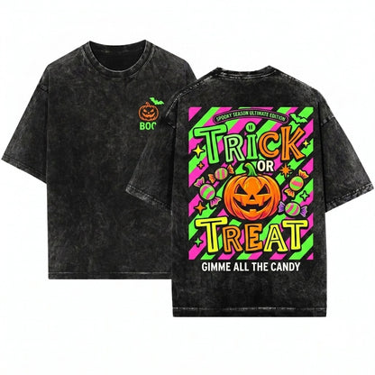 Retro Preppy Spooky Season Pumpkin Trick or Treat Halloween Unisex Wash T-Shirt