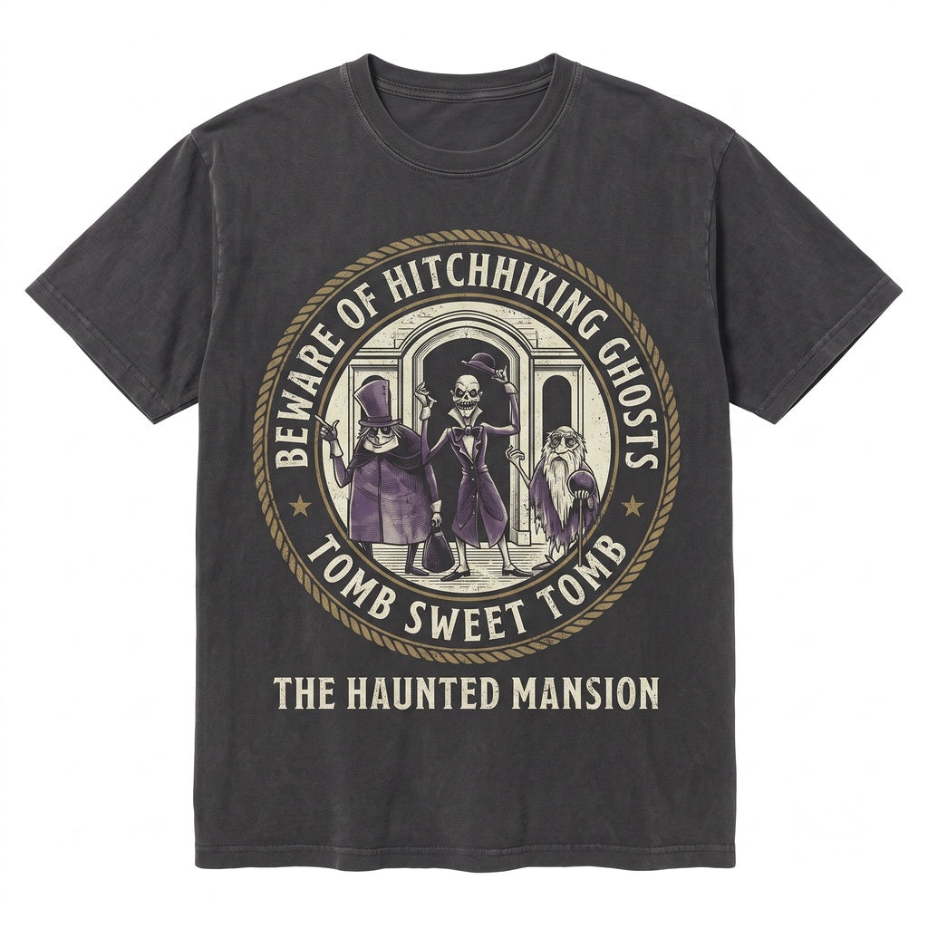 Retro Vintage Spooky House Welcome Foolish Mortals Hitchhiking Phantom Madam Leota Halloween Graphic Top Unisex TShirt