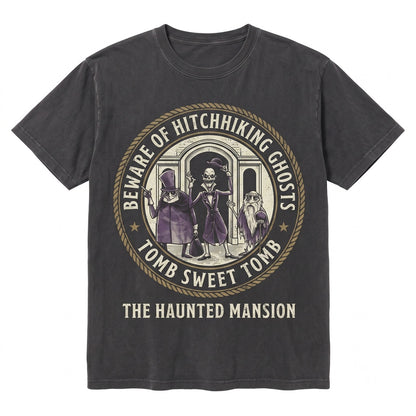 Retro Vintage Spooky House Welcome Foolish Mortals Hitchhiking Phantom Madam Leota Halloween Graphic Top Unisex TShirt