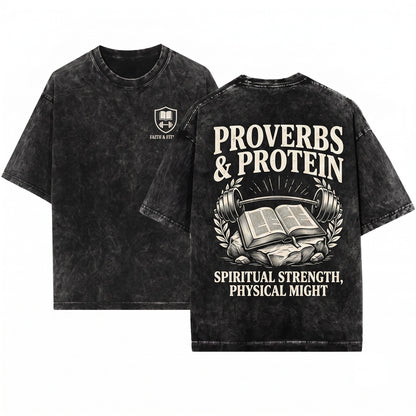 Proverbs and Protein Funny Faith Gym Fitness Athletic Graphic Apparel Unisex Wash T-Shirt