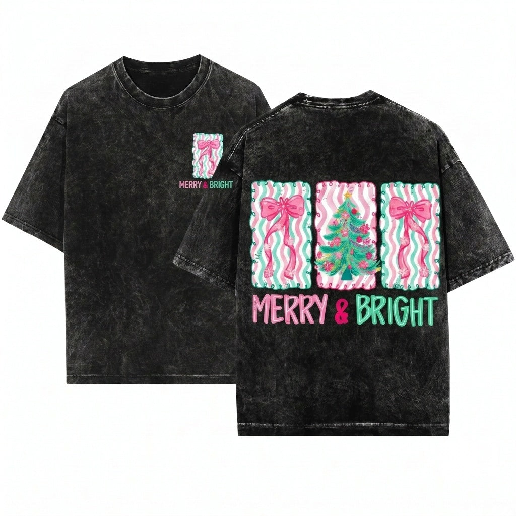 Floral Preppy Christmas Tree Bow Merry Bright Coquette Pink Blue Unisex Wash T-Shirt