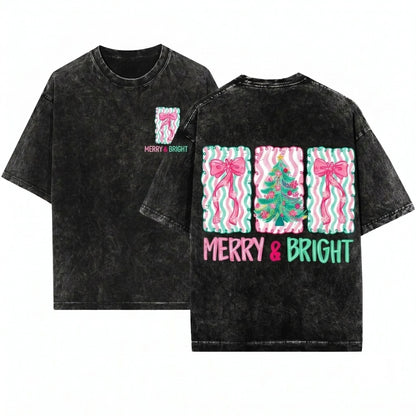 Floral Preppy Christmas Tree Bow Merry Bright Coquette Pink Blue Unisex Wash T-Shirt