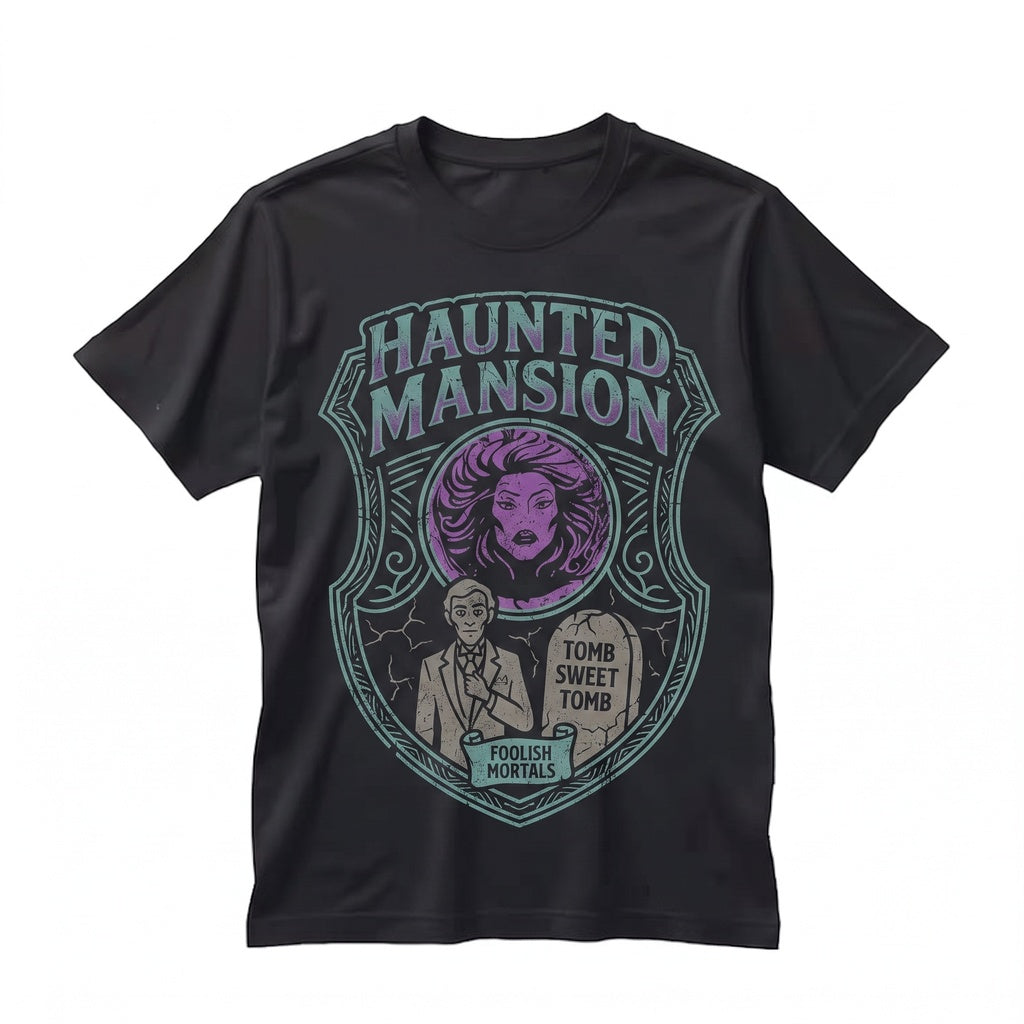 Spooky Haunted House Hitchhiking Ghosts Graphic, Welcome Foolish Mortals Fortune Teller WDW Vacation Apparel Unisex TShirt