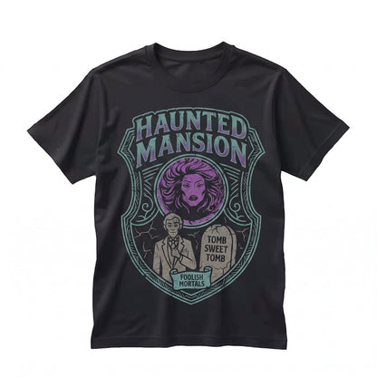 Spooky Haunted House Hitchhiking Ghosts Graphic, Welcome Foolish Mortals Fortune Teller WDW Vacation Apparel Unisex TShirt