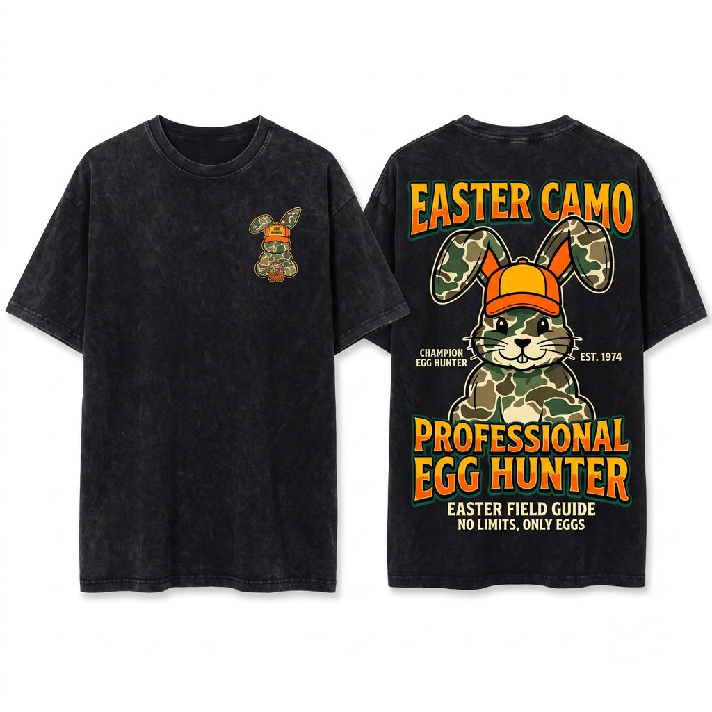 Kids Boy Girl Happy Easter Camo Bunny Egg Hunt Unisex Wash T-Shirt